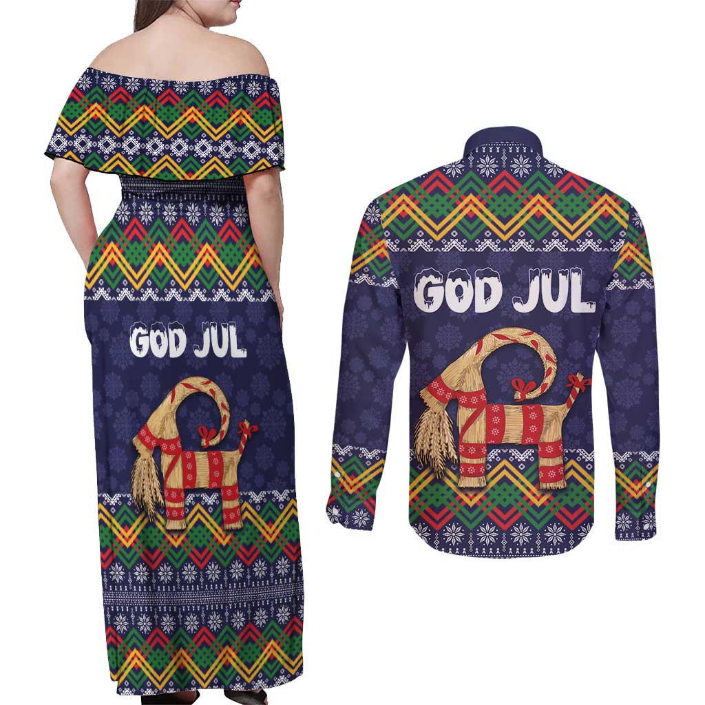 Scandinavian Yule Goat Christmas Couples Matching Off Shoulder Maxi Dress and Long Sleeve Button Shirt with Scandinavian Folk Pattern Style - Wonder Print Shop