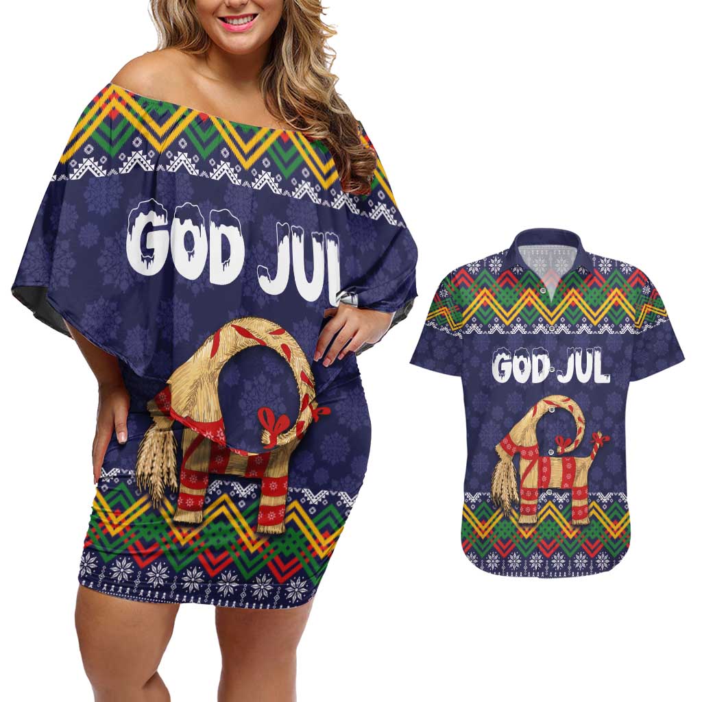 Scandinavian Yule Goat Christmas Couples Matching Off Shoulder Short Dress and Hawaiian Shirt with Scandinavian Folk Pattern Style - Wonder Print Shop