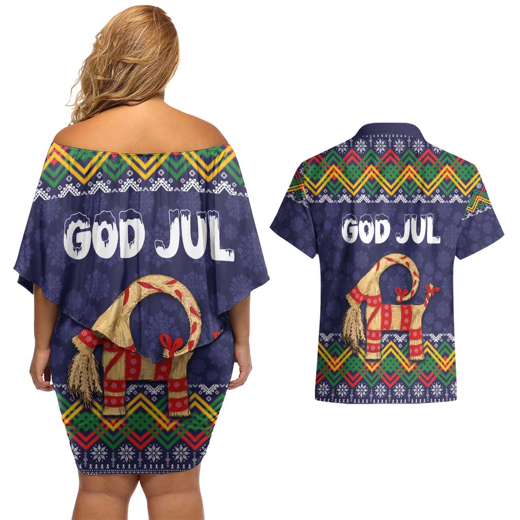 Scandinavian Yule Goat Christmas Couples Matching Off Shoulder Short Dress and Hawaiian Shirt with Scandinavian Folk Pattern Style - Wonder Print Shop