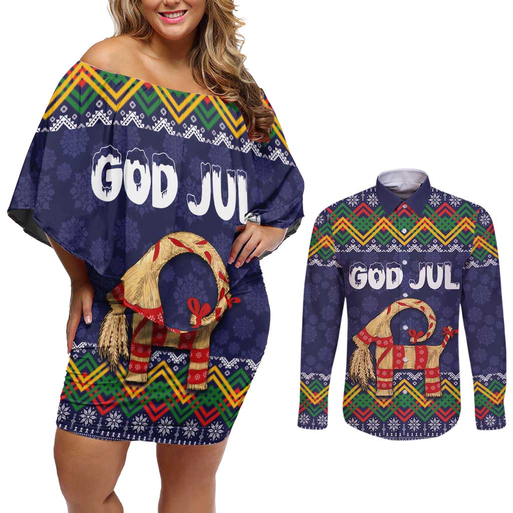 Scandinavian Yule Goat Christmas Couples Matching Off Shoulder Short Dress and Long Sleeve Button Shirt with Scandinavian Folk Pattern Style - Wonder Print Shop