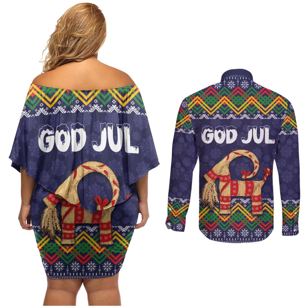 Scandinavian Yule Goat Christmas Couples Matching Off Shoulder Short Dress and Long Sleeve Button Shirt with Scandinavian Folk Pattern Style - Wonder Print Shop
