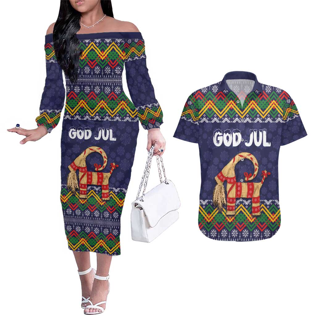 Scandinavian Yule Goat Christmas Couples Matching Off The Shoulder Long Sleeve Dress and Hawaiian Shirt with Scandinavian Folk Pattern Style - Wonder Print Shop