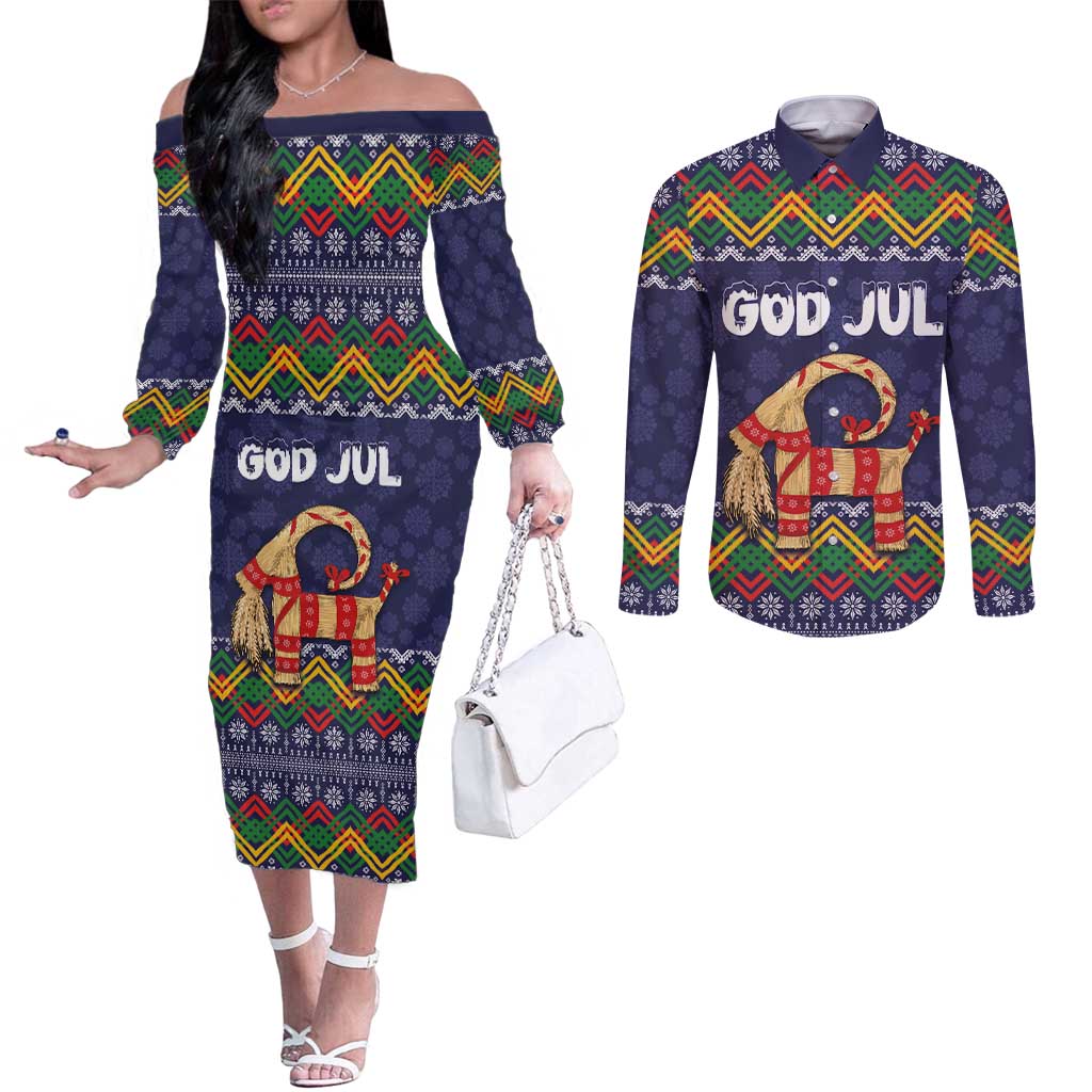 Scandinavian Yule Goat Christmas Couples Matching Off The Shoulder Long Sleeve Dress and Long Sleeve Button Shirt with Scandinavian Folk Pattern Style