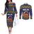 Scandinavian Yule Goat Christmas Couples Matching Off The Shoulder Long Sleeve Dress and Long Sleeve Button Shirt with Scandinavian Folk Pattern Style
