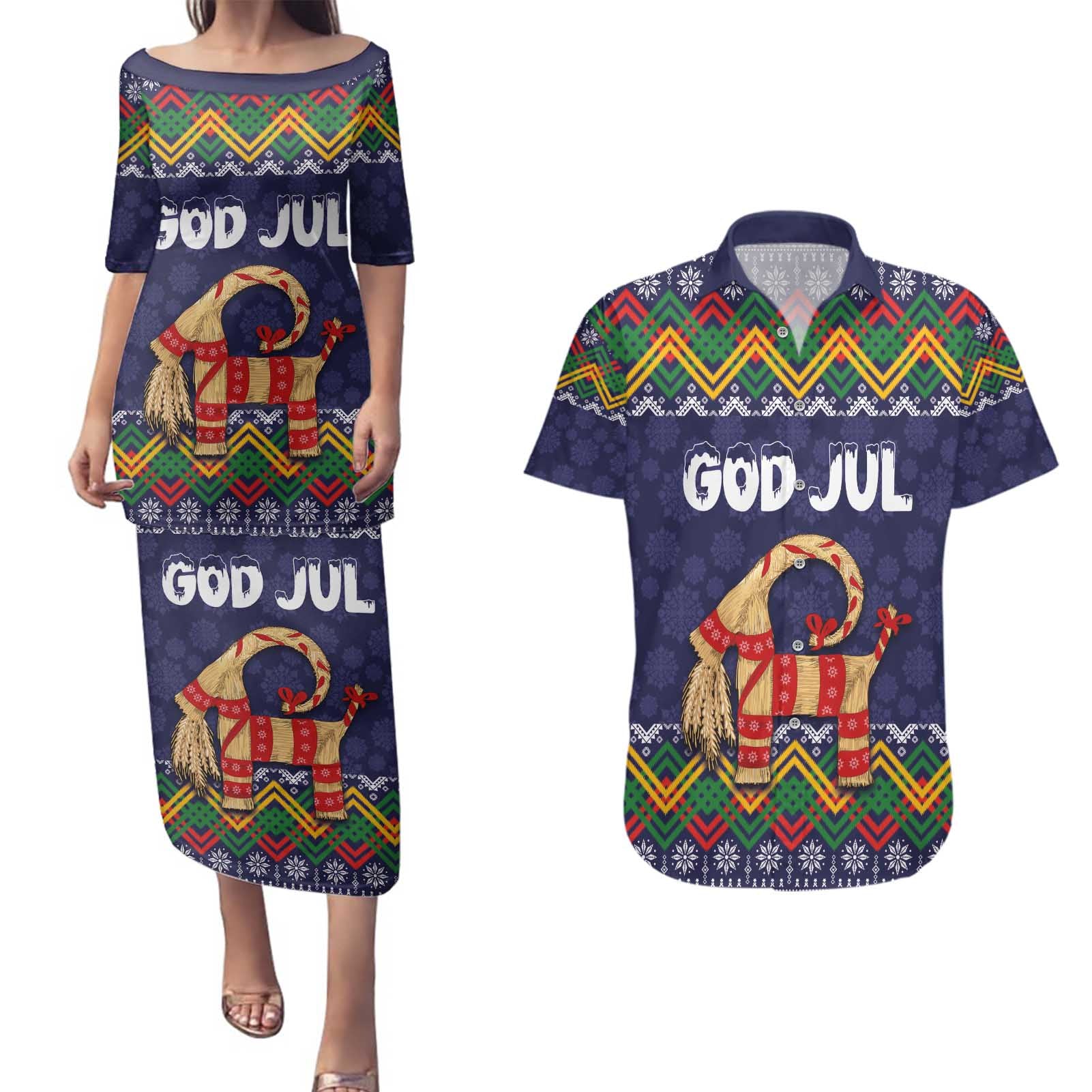 Scandinavian Yule Goat Christmas Couples Matching Puletasi and Hawaiian Shirt with Scandinavian Folk Pattern Style - Wonder Print Shop