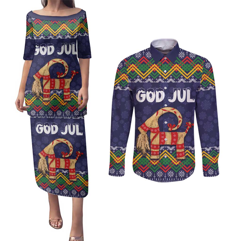 Scandinavian Yule Goat Christmas Couples Matching Puletasi and Long Sleeve Button Shirt with Scandinavian Folk Pattern Style - Wonder Print Shop