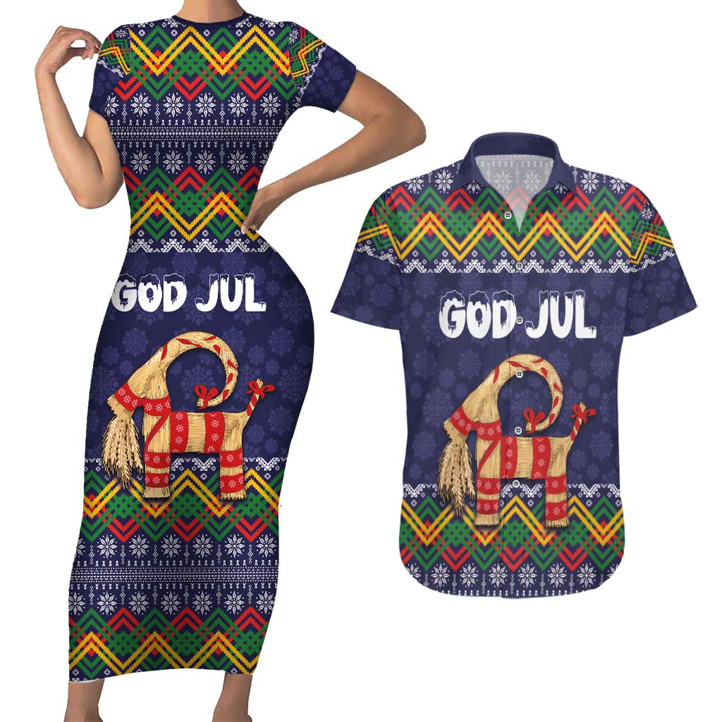 Scandinavian Yule Goat Christmas Couples Matching Short Sleeve Bodycon Dress and Hawaiian Shirt with Scandinavian Folk Pattern Style - Wonder Print Shop
