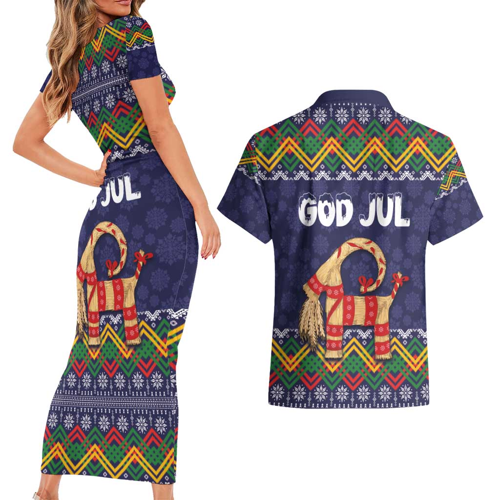 Scandinavian Yule Goat Christmas Couples Matching Short Sleeve Bodycon Dress and Hawaiian Shirt with Scandinavian Folk Pattern Style - Wonder Print Shop