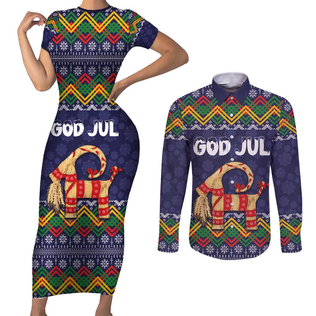 Scandinavian Yule Goat Christmas Couples Matching Short Sleeve Bodycon Dress and Long Sleeve Button Shirt with Scandinavian Folk Pattern Style - Wonder Print Shop