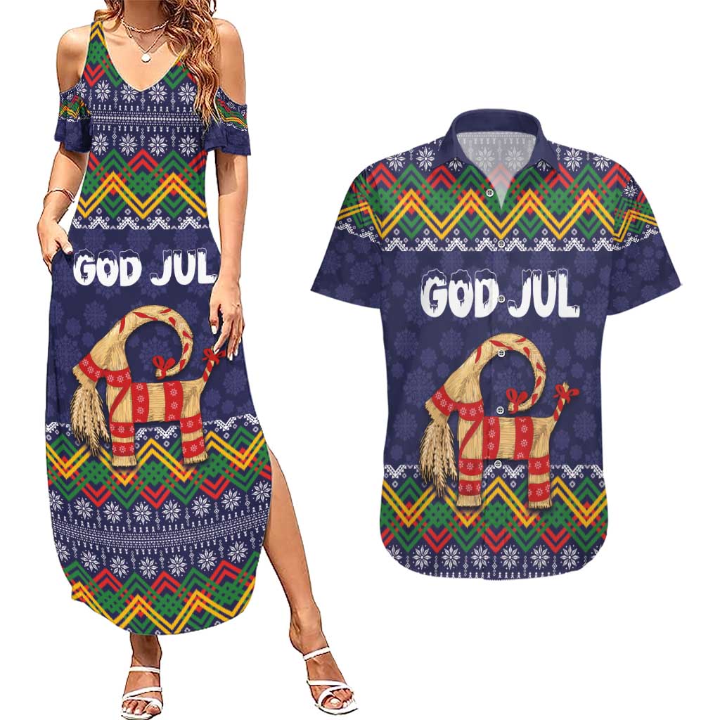 Scandinavian Yule Goat Christmas Couples Matching Summer Maxi Dress and Hawaiian Shirt with Scandinavian Folk Pattern Style - Wonder Print Shop