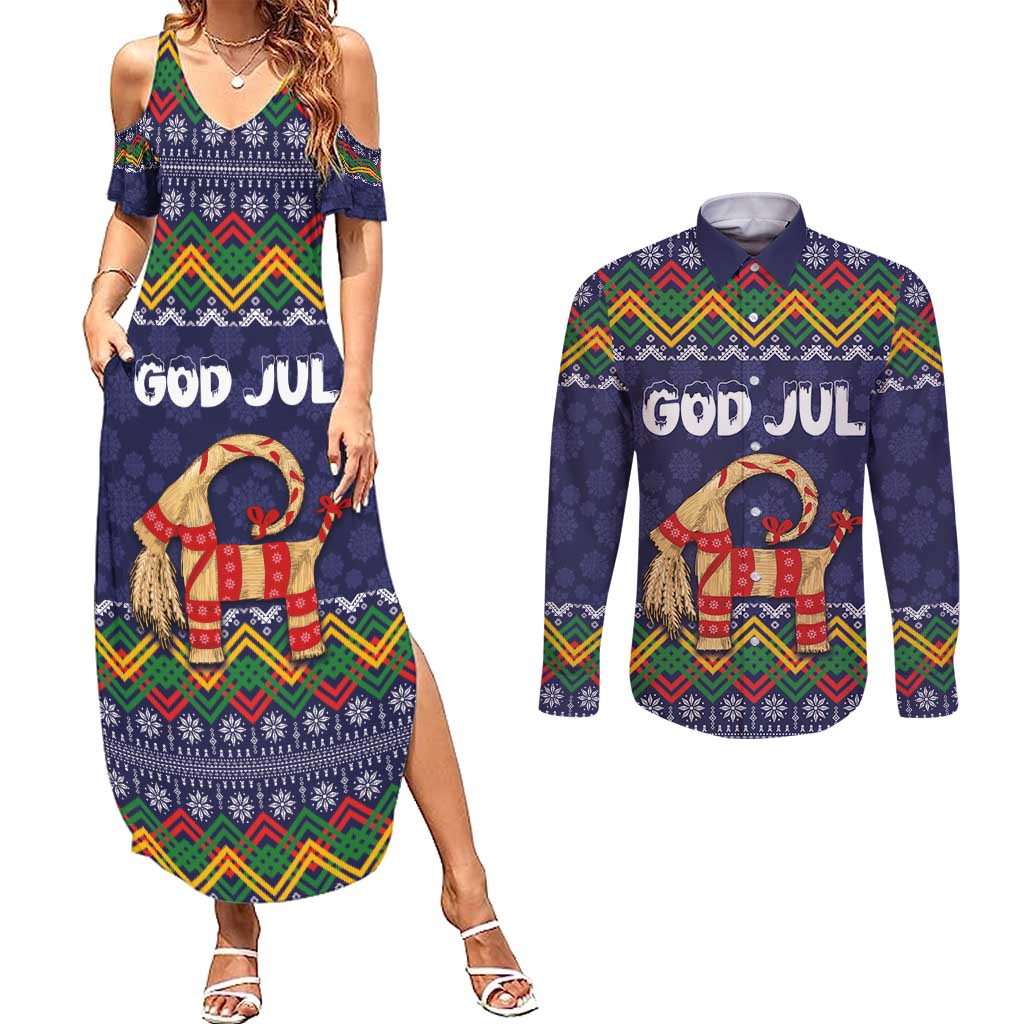 Scandinavian Yule Goat Christmas Couples Matching Summer Maxi Dress and Long Sleeve Button Shirt with Scandinavian Folk Pattern Style - Wonder Print Shop