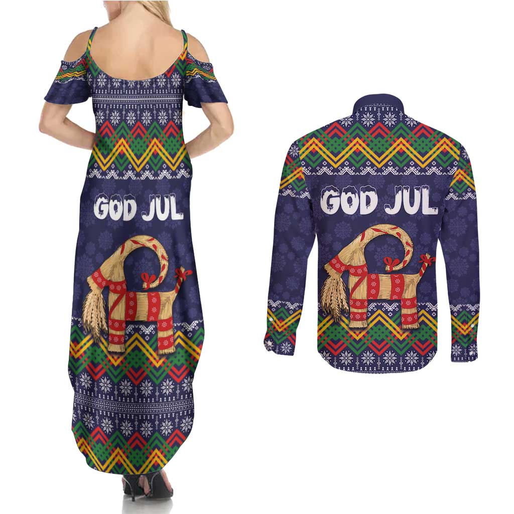 Scandinavian Yule Goat Christmas Couples Matching Summer Maxi Dress and Long Sleeve Button Shirt with Scandinavian Folk Pattern Style - Wonder Print Shop