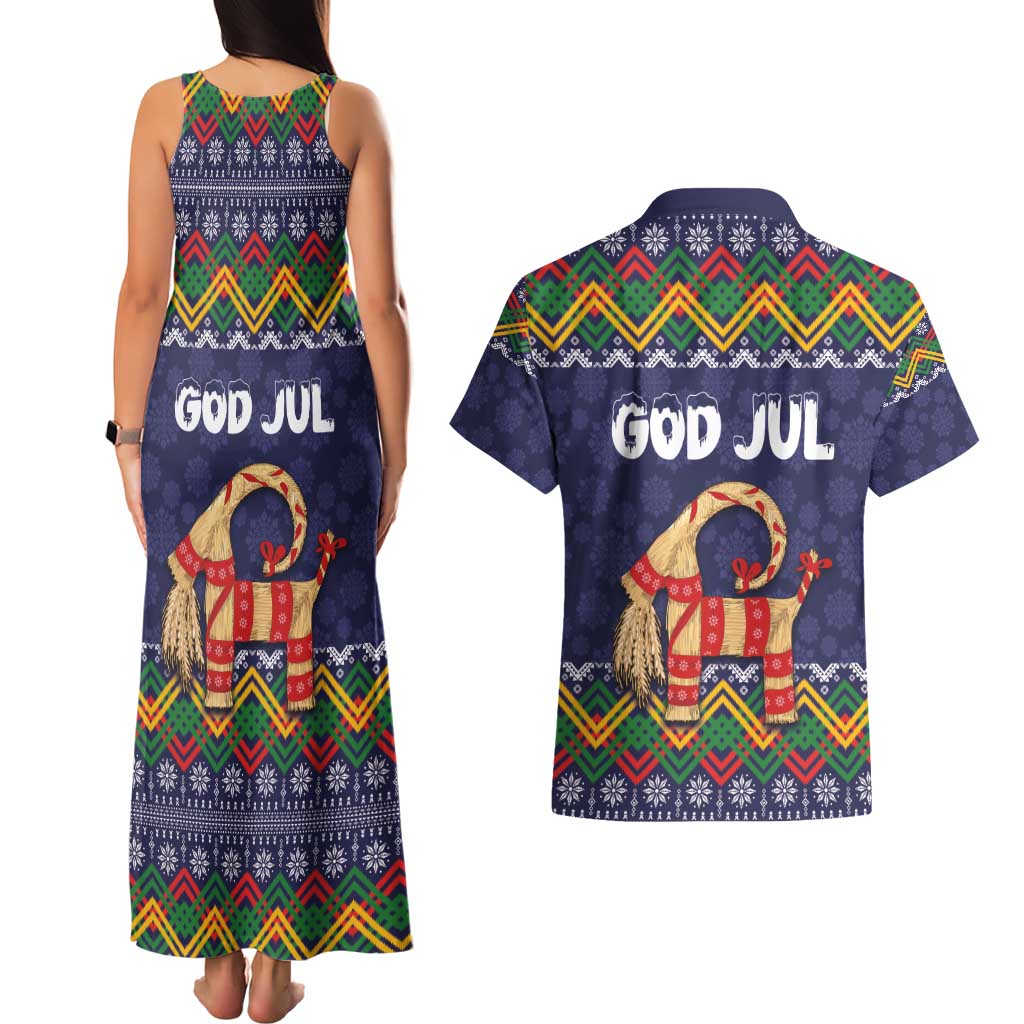 Scandinavian Yule Goat Christmas Couples Matching Tank Maxi Dress and Hawaiian Shirt with Scandinavian Folk Pattern Style - Wonder Print Shop