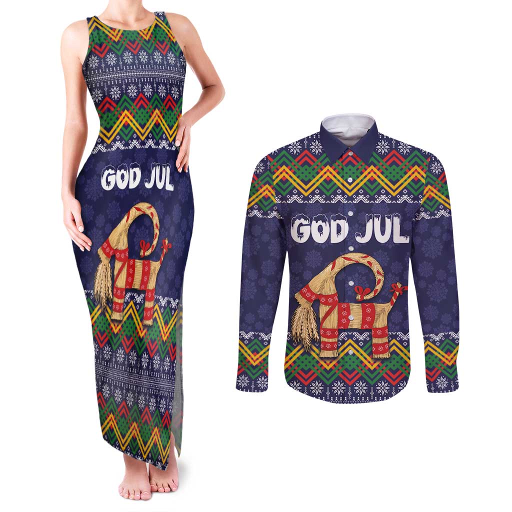 Scandinavian Yule Goat Christmas Couples Matching Tank Maxi Dress and Long Sleeve Button Shirt with Scandinavian Folk Pattern Style - Wonder Print Shop