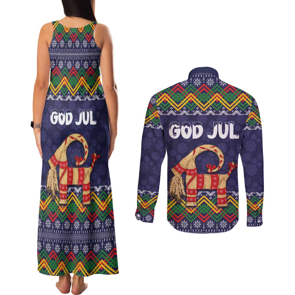 Scandinavian Yule Goat Christmas Couples Matching Tank Maxi Dress and Long Sleeve Button Shirt with Scandinavian Folk Pattern Style - Wonder Print Shop