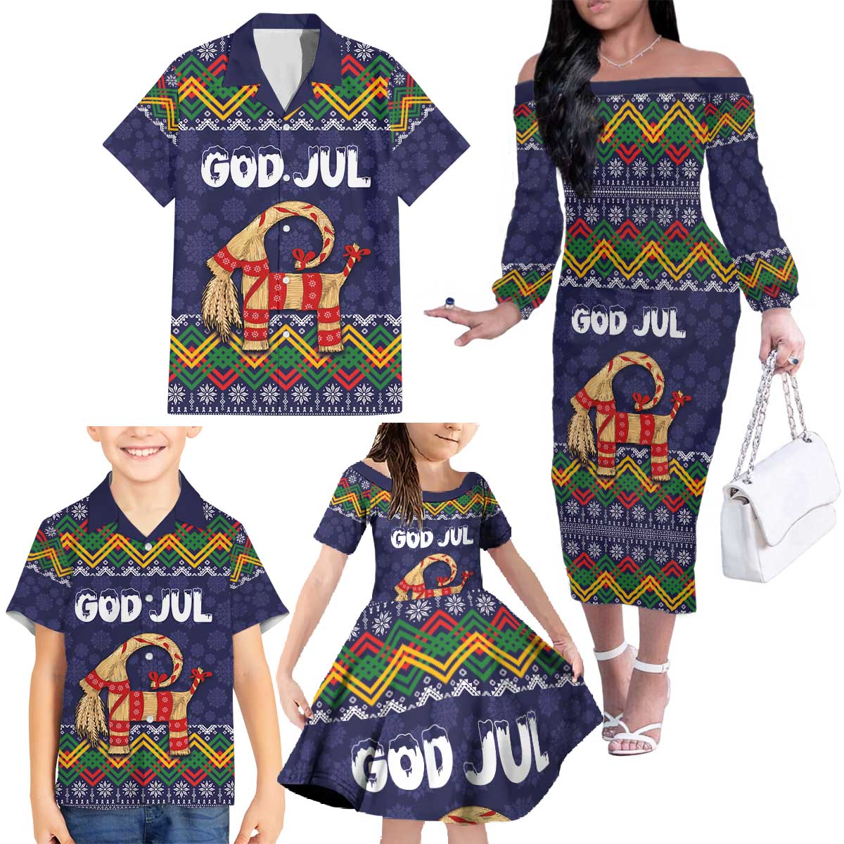 Scandinavian Yule Goat Christmas Family Matching Off The Shoulder Long Sleeve Dress and Hawaiian Shirt with Scandinavian Folk Pattern Style - Wonder Print Shop