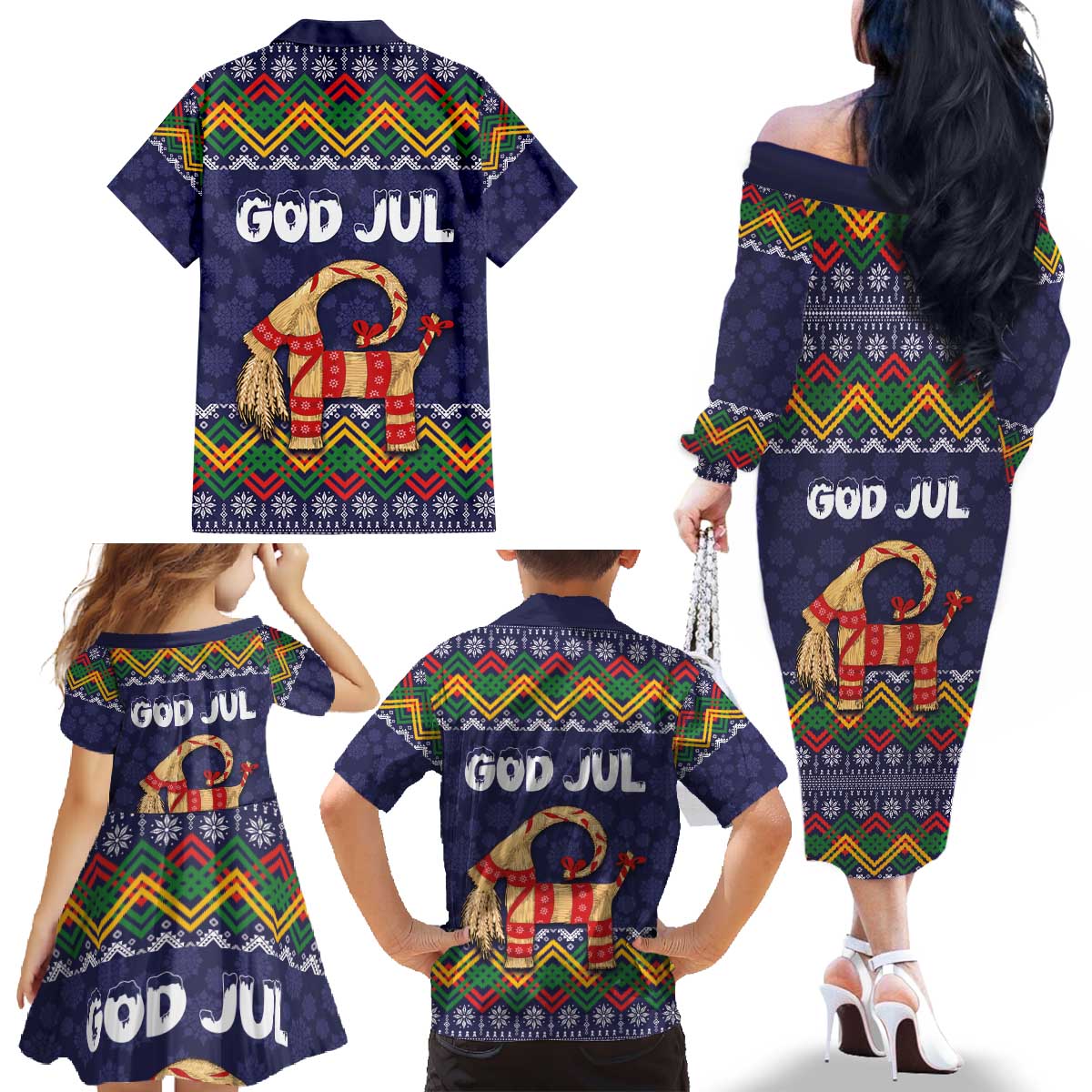 Scandinavian Yule Goat Christmas Family Matching Off The Shoulder Long Sleeve Dress and Hawaiian Shirt with Scandinavian Folk Pattern Style - Wonder Print Shop