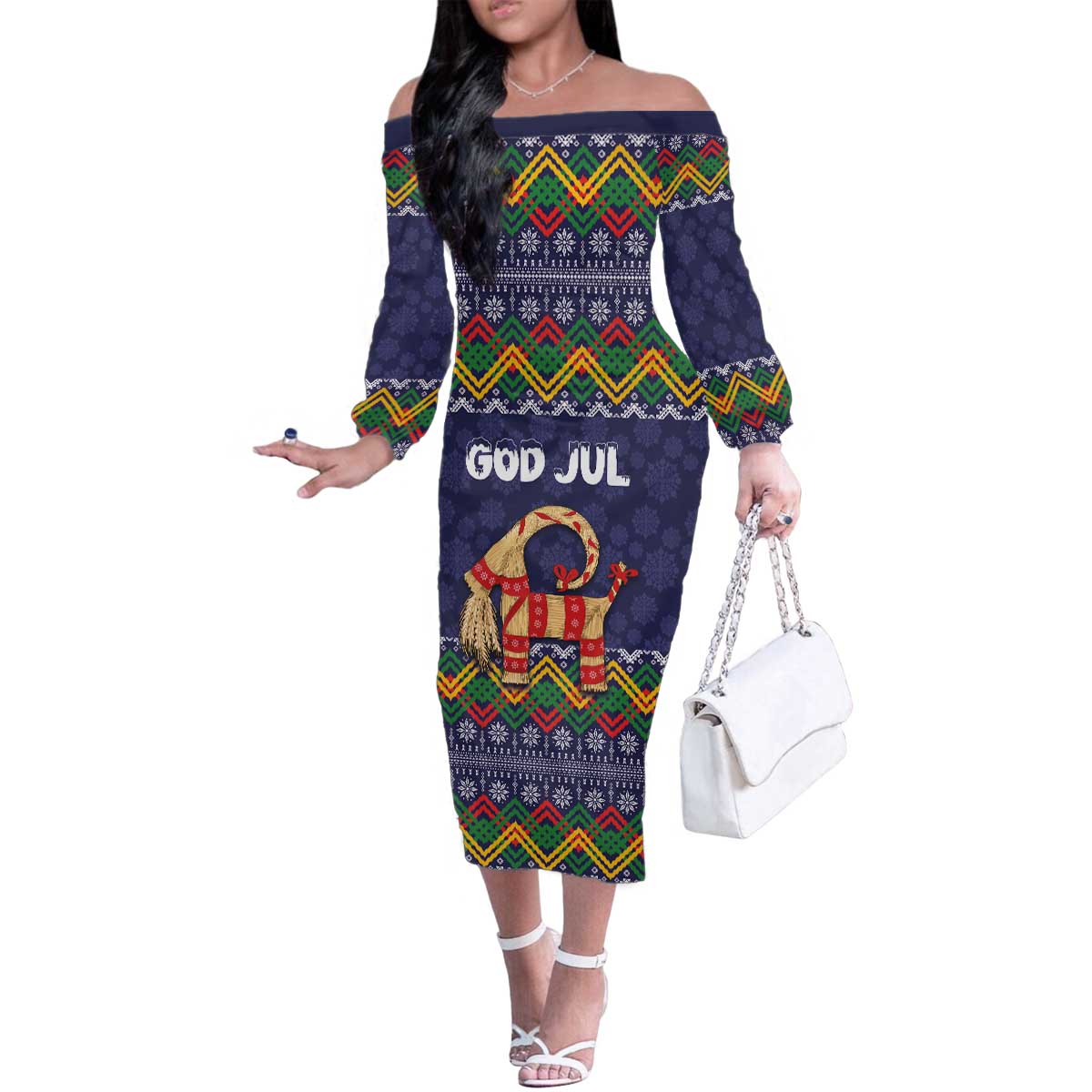 Scandinavian Yule Goat Christmas Family Matching Off The Shoulder Long Sleeve Dress and Hawaiian Shirt with Scandinavian Folk Pattern Style - Wonder Print Shop