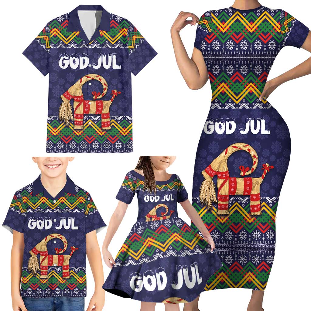 Scandinavian Yule Goat Christmas Family Matching Short Sleeve Bodycon Dress and Hawaiian Shirt with Scandinavian Folk Pattern Style - Wonder Print Shop