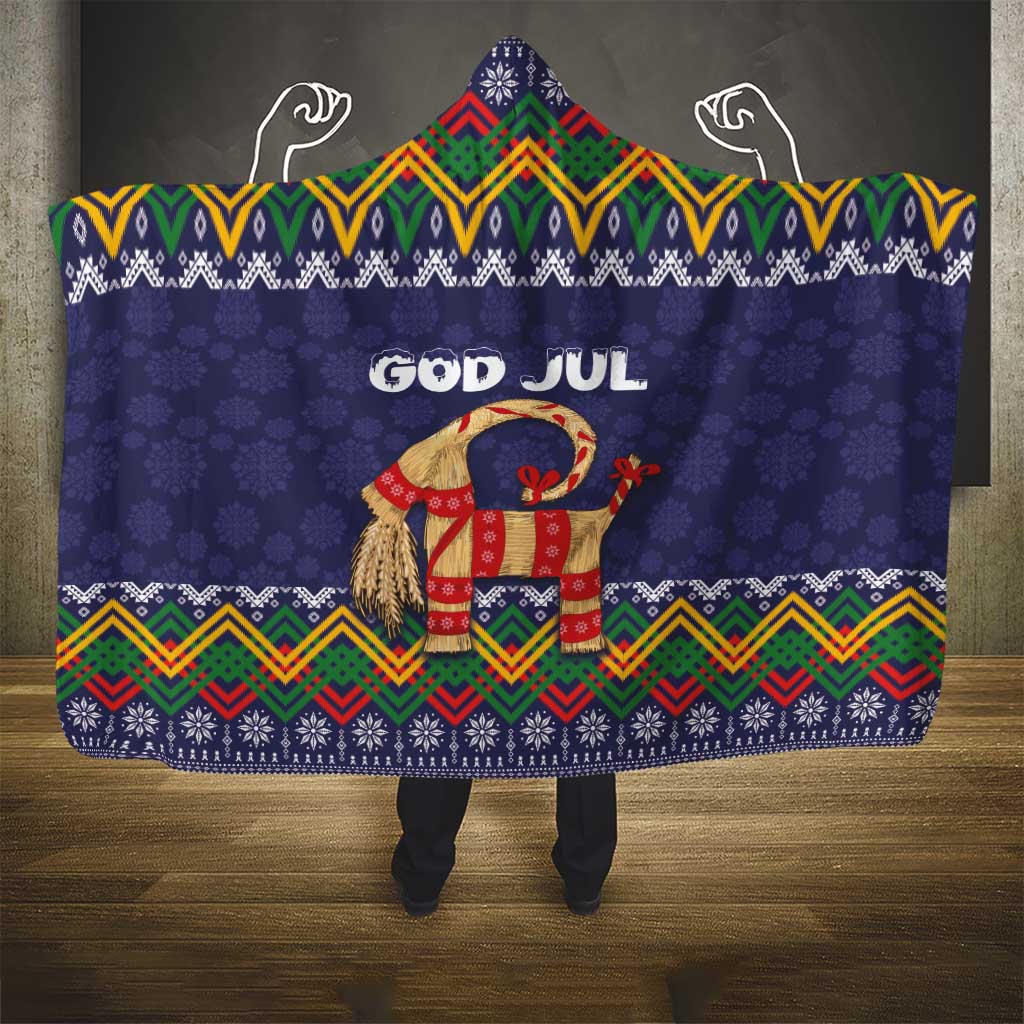 Scandinavian Yule Goat Christmas Hooded Blanket with Scandinavian Folk Pattern Style