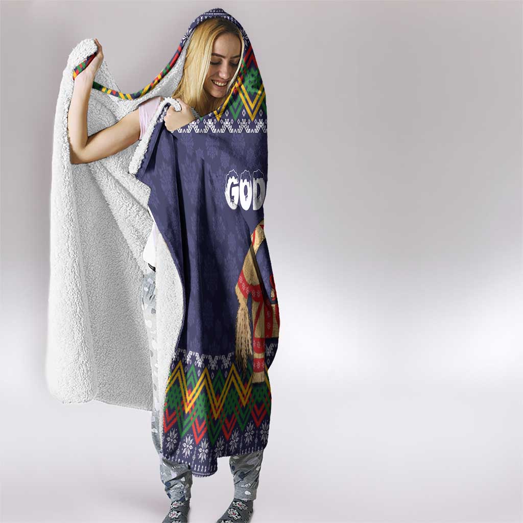 Scandinavian Yule Goat Christmas Hooded Blanket with Scandinavian Folk Pattern Style