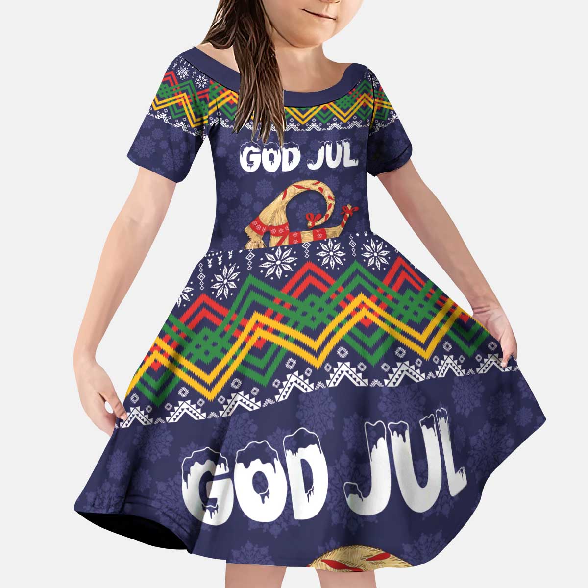 Scandinavian Yule Goat Christmas Kid Short Sleeve Dress with Scandinavian Folk Pattern Style - Wonder Print Shop