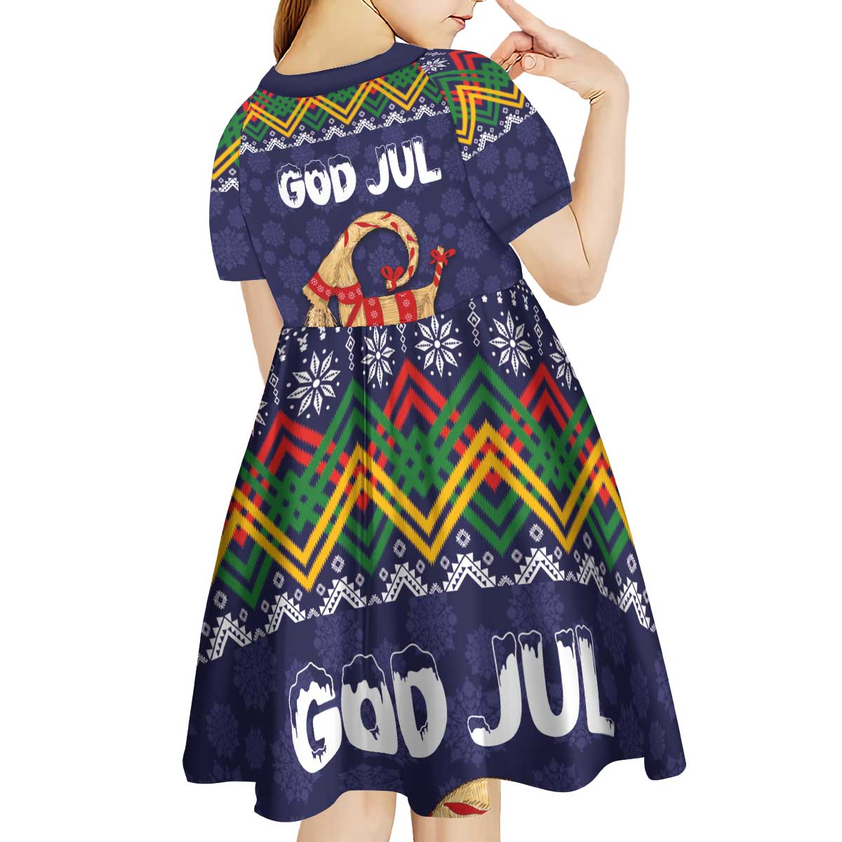 Scandinavian Yule Goat Christmas Kid Short Sleeve Dress with Scandinavian Folk Pattern Style - Wonder Print Shop
