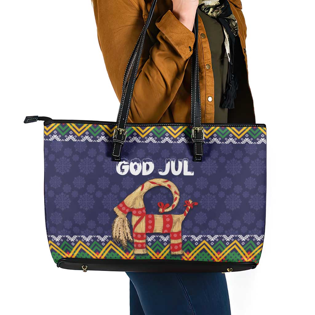 Scandinavian Yule Goat Christmas Leather Tote Bag with Scandinavian Folk Pattern Style - Wonder Print Shop