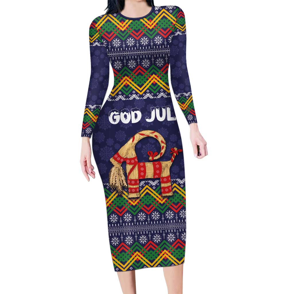 Scandinavian Yule Goat Christmas Long Sleeve Bodycon Dress with Scandinavian Folk Pattern Style - Wonder Print Shop