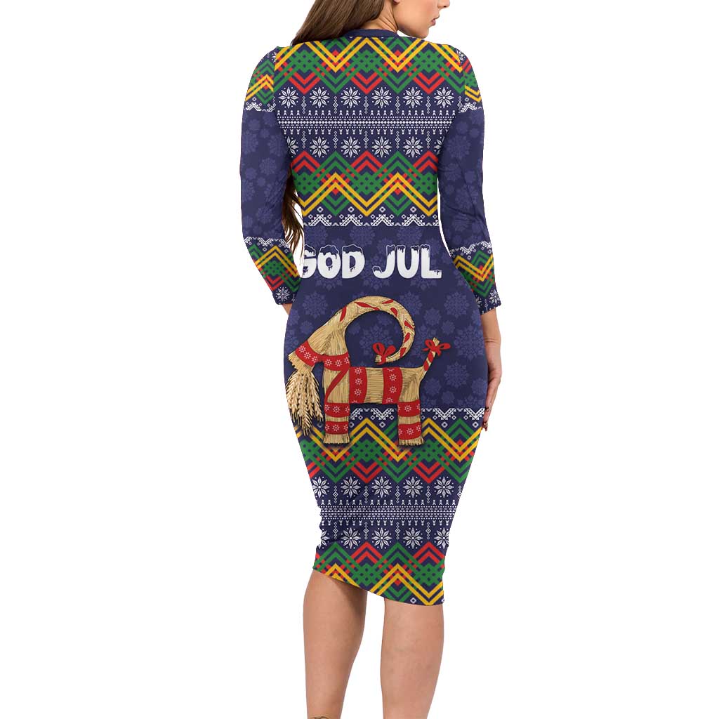 Scandinavian Yule Goat Christmas Long Sleeve Bodycon Dress with Scandinavian Folk Pattern Style - Wonder Print Shop