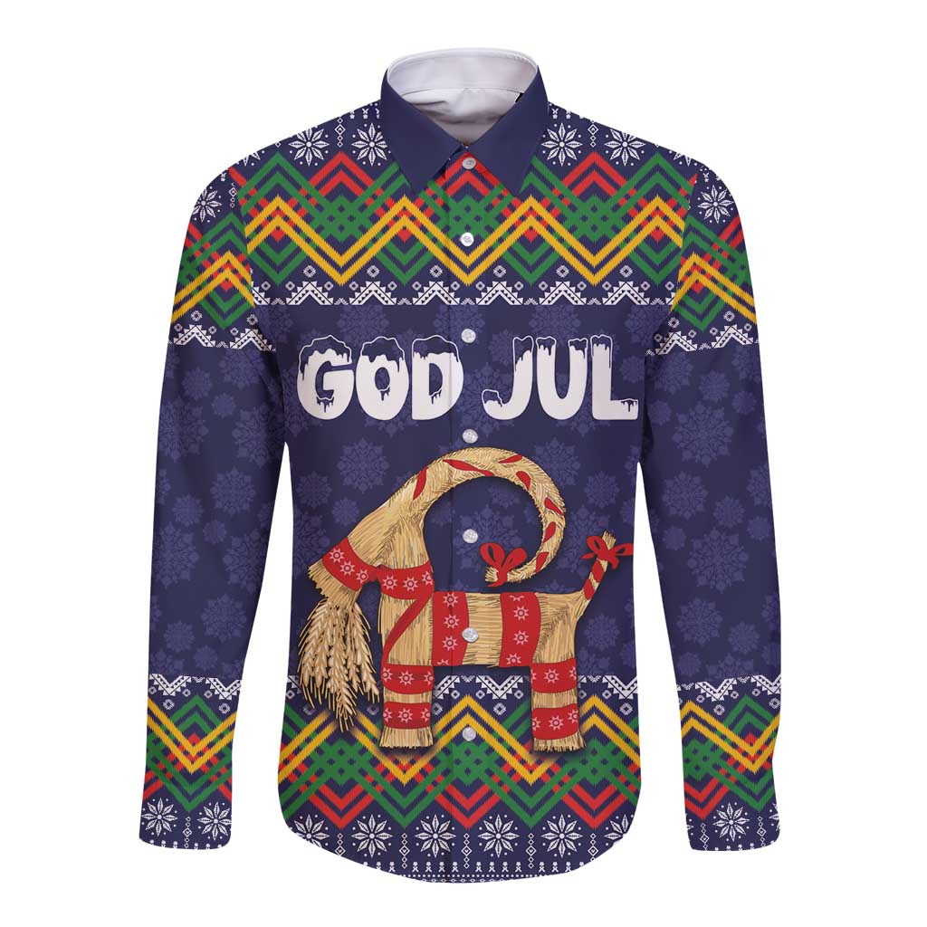 Scandinavian Yule Goat Christmas Long Sleeve Button Shirt with Scandinavian Folk Pattern Style - Wonder Print Shop