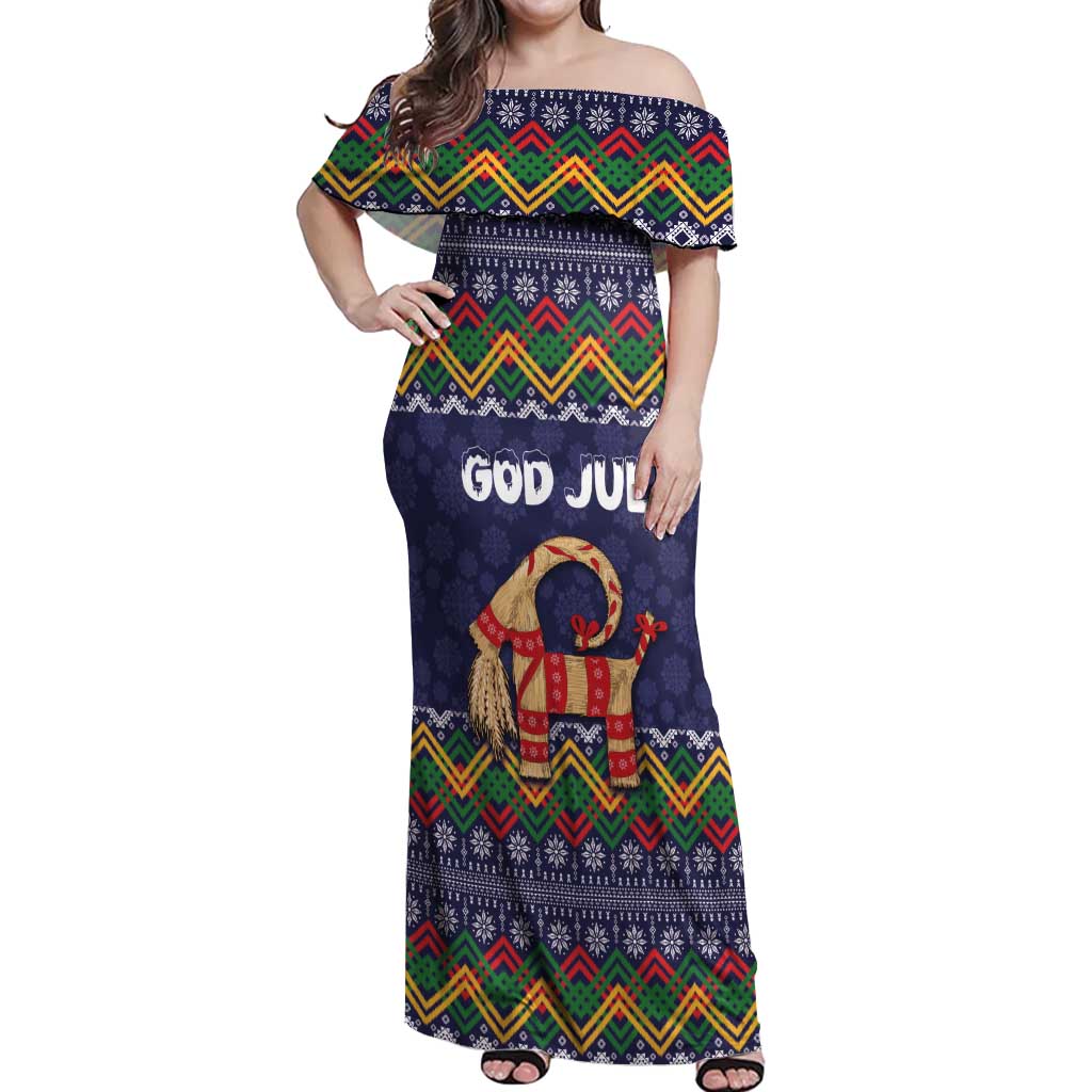 Scandinavian Yule Goat Christmas Off Shoulder Maxi Dress with Scandinavian Folk Pattern Style - Wonder Print Shop