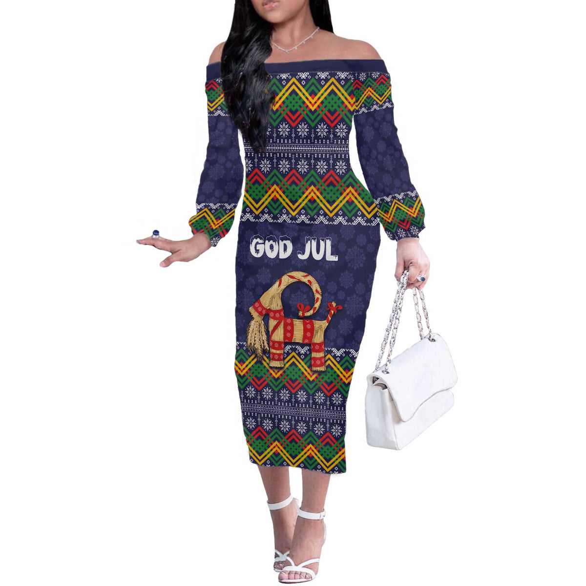 Scandinavian Yule Goat Christmas Off The Shoulder Long Sleeve Dress with Scandinavian Folk Pattern Style - Wonder Print Shop