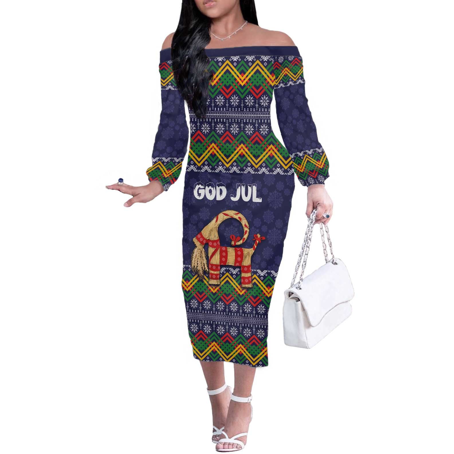 Scandinavian Yule Goat Christmas Off The Shoulder Long Sleeve Dress with Scandinavian Folk Pattern Style - Wonder Print Shop