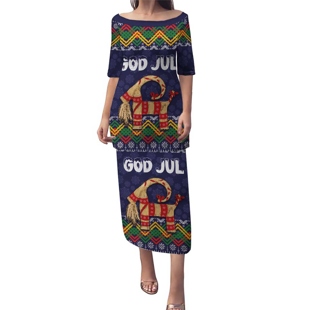 Scandinavian Yule Goat Christmas Puletasi with Scandinavian Folk Pattern Style - Wonder Print Shop