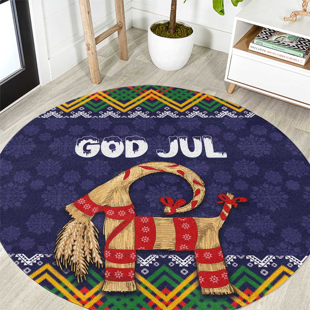 Scandinavian Yule Goat Christmas Round Carpet with Scandinavian Folk Pattern Style