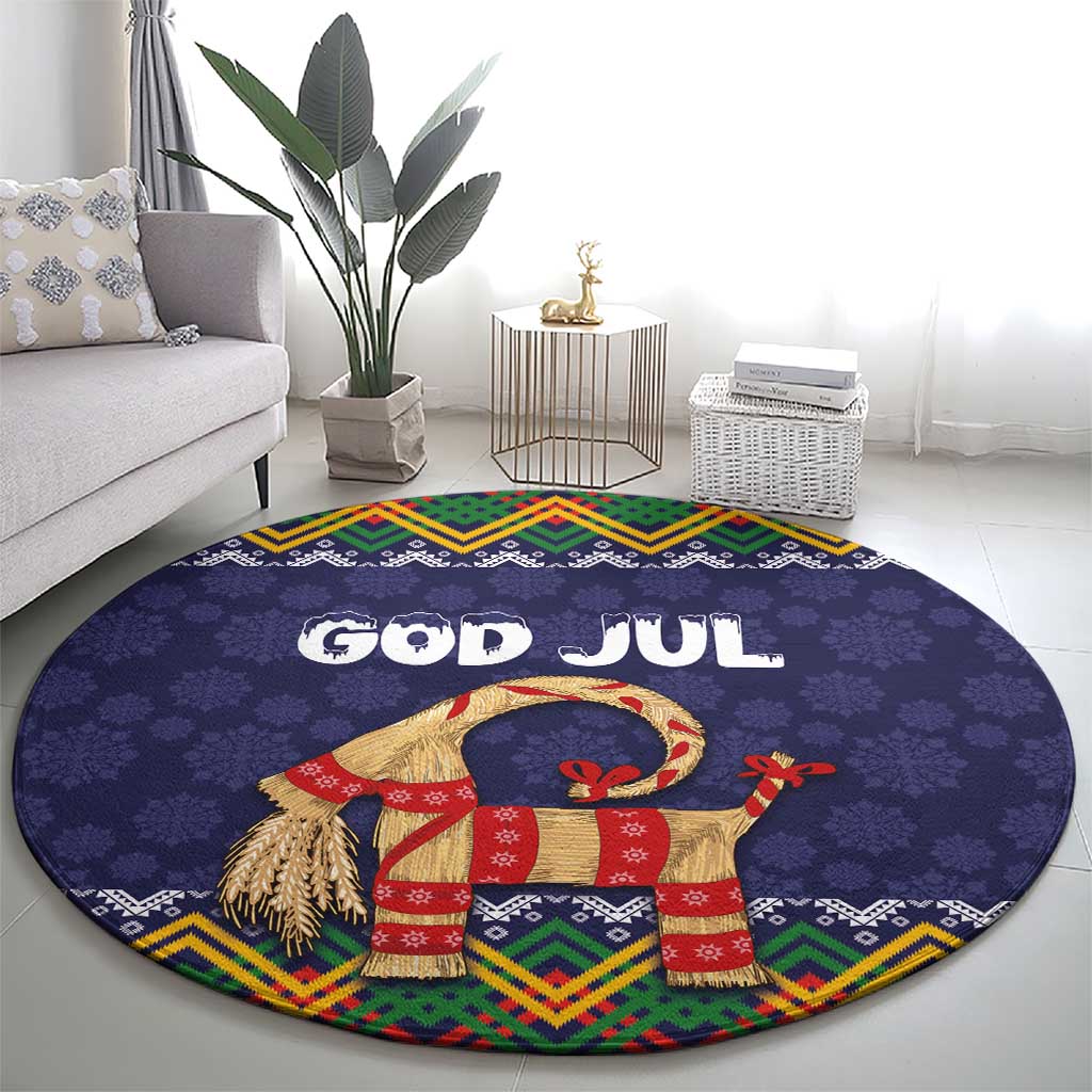 Scandinavian Yule Goat Christmas Round Carpet with Scandinavian Folk Pattern Style