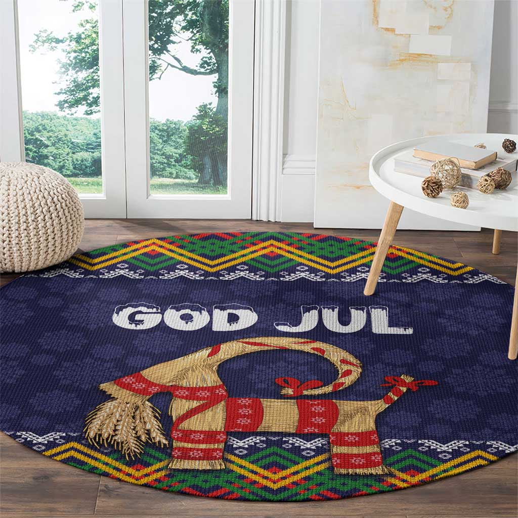 Scandinavian Yule Goat Christmas Round Carpet with Scandinavian Folk Pattern Style