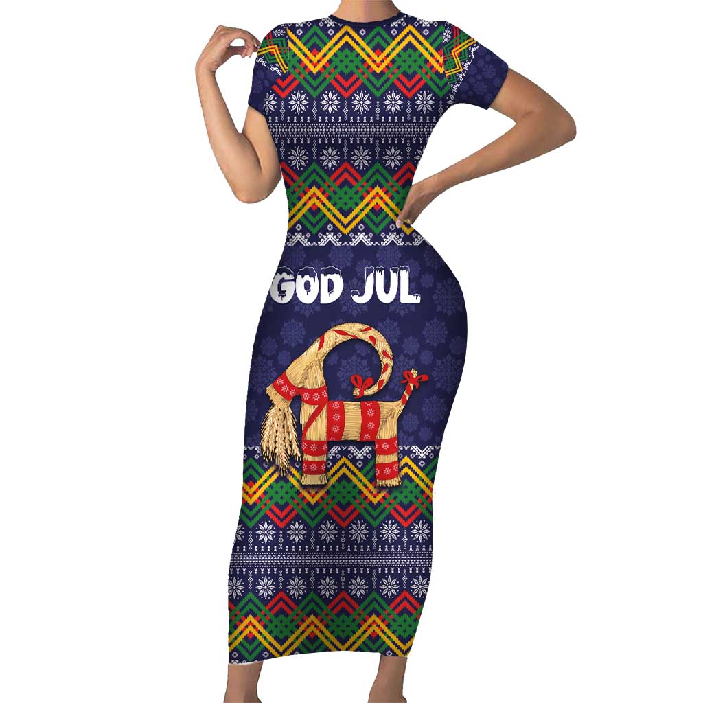 Scandinavian Yule Goat Christmas Short Sleeve Bodycon Dress with Scandinavian Folk Pattern Style - Wonder Print Shop
