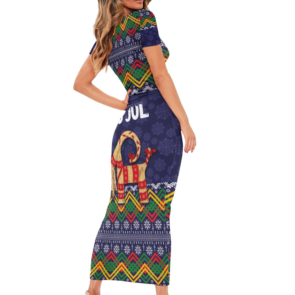 Scandinavian Yule Goat Christmas Short Sleeve Bodycon Dress with Scandinavian Folk Pattern Style - Wonder Print Shop