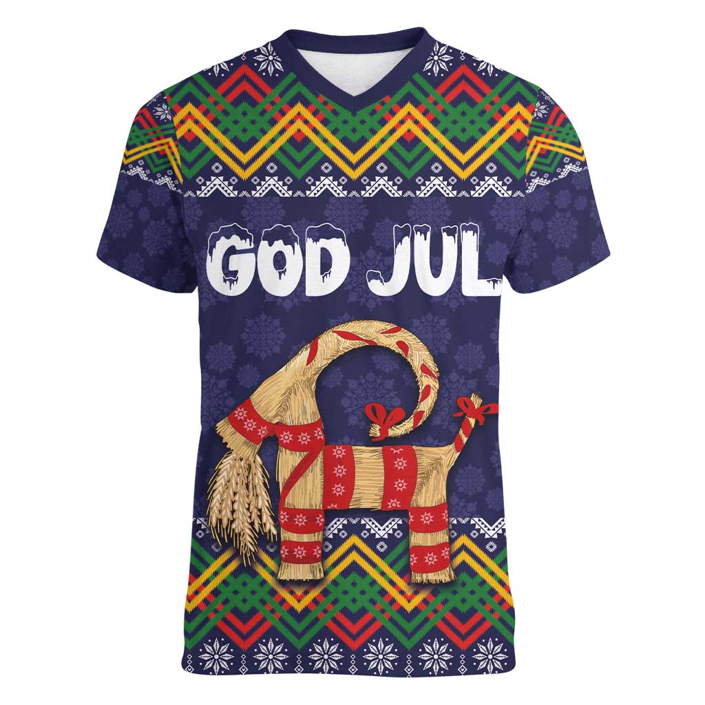 Scandinavian Yule Goat Christmas Women V-Neck T-Shirt with Scandinavian Folk Pattern Style - Wonder Print Shop