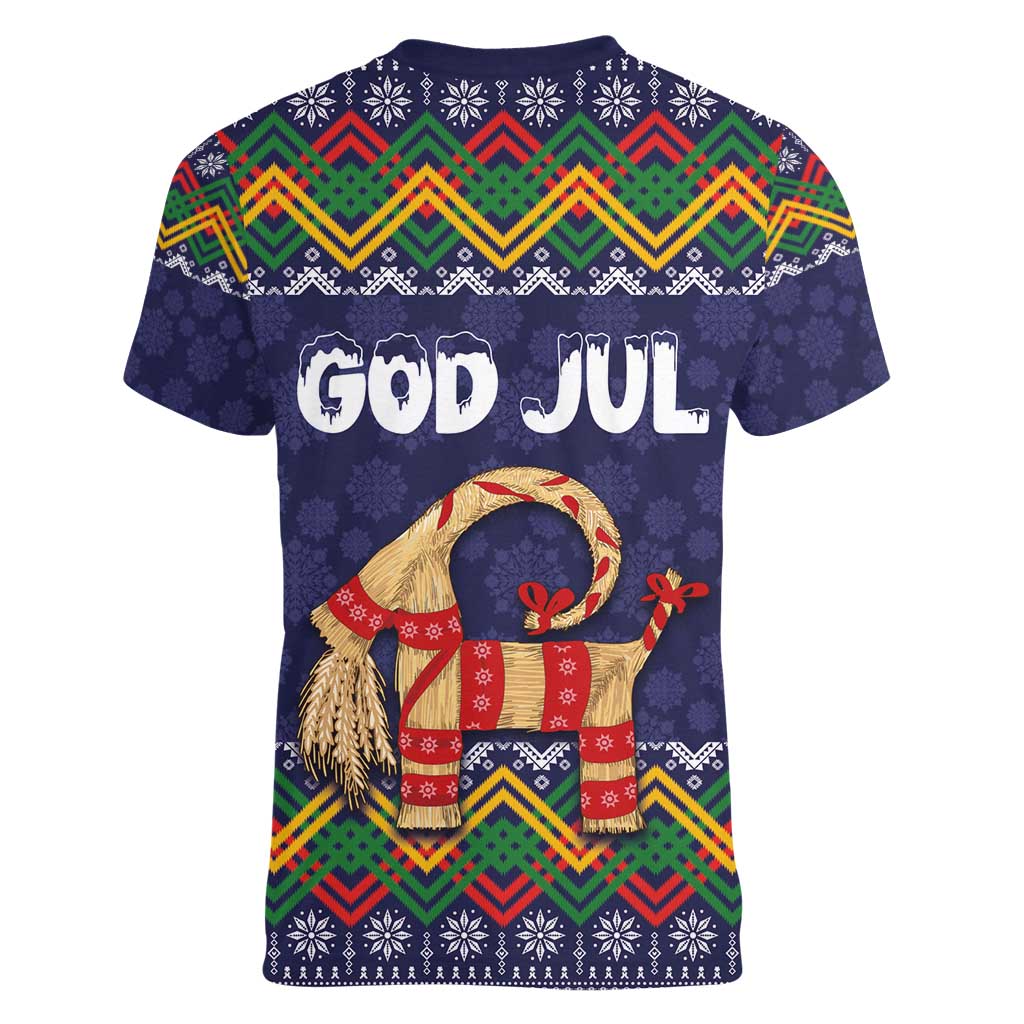 Scandinavian Yule Goat Christmas Women V-Neck T-Shirt with Scandinavian Folk Pattern Style - Wonder Print Shop