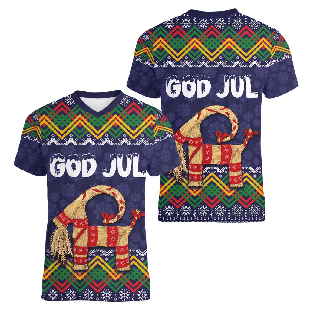 Scandinavian Yule Goat Christmas Women V-Neck T-Shirt with Scandinavian Folk Pattern Style - Wonder Print Shop