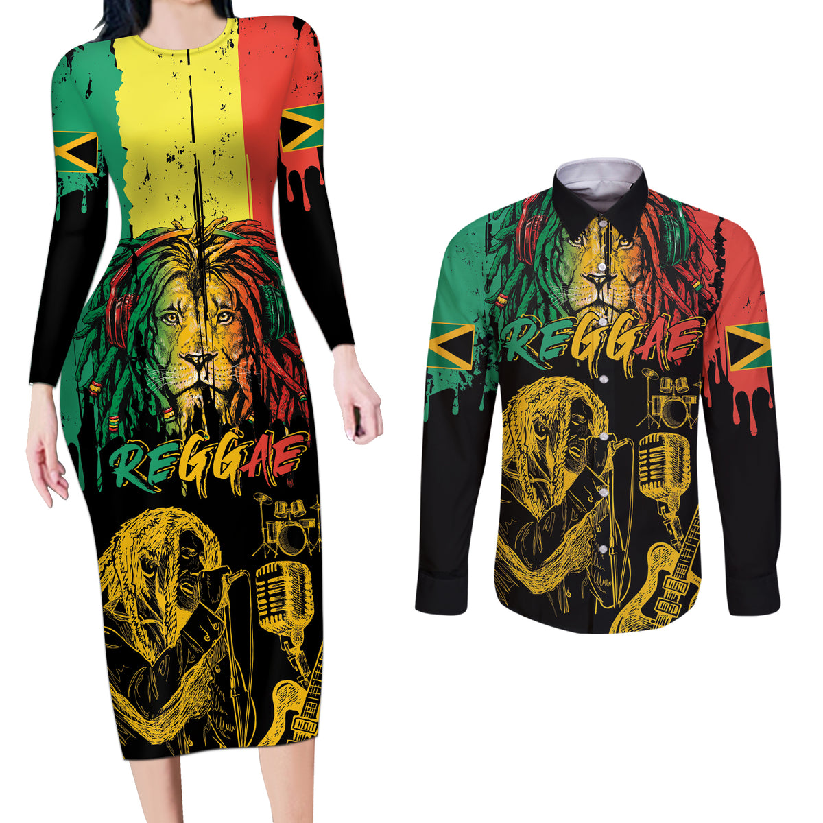 International Reggae Day Couples Matching Long Sleeve Bodycon Dress and Long Sleeve Button Shirt Rastafarian Lion and B-Marley Passion - Wonder Print Shop
