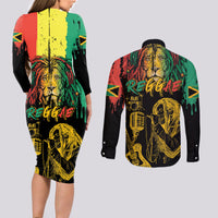 International Reggae Day Couples Matching Long Sleeve Bodycon Dress and Long Sleeve Button Shirt Rastafarian Lion and B-Marley Passion - Wonder Print Shop