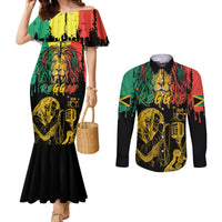 International Reggae Day Couples Matching Mermaid Dress and Long Sleeve Button Shirt Rastafarian Lion and B-Marley Passion