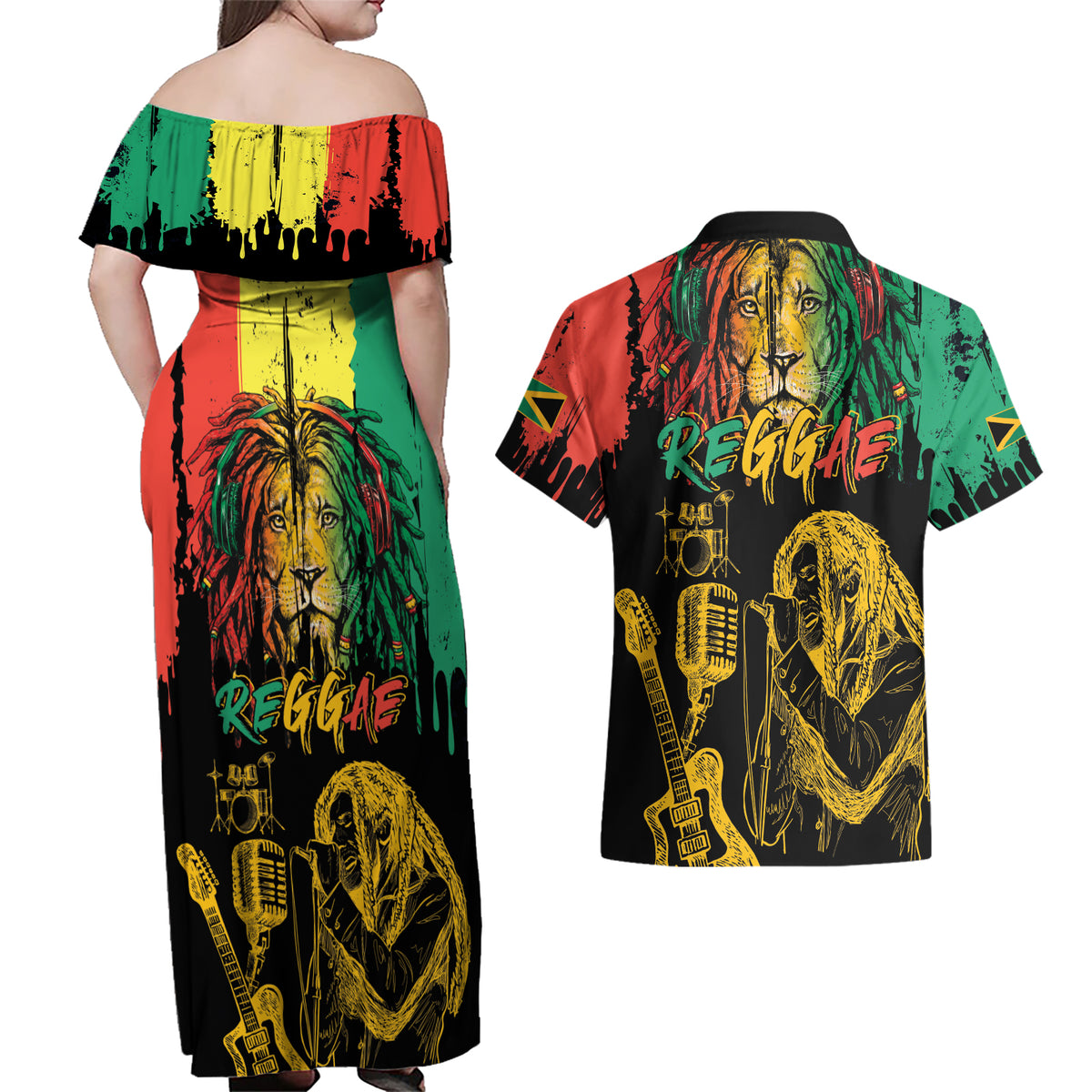 International Reggae Day Couples Matching Off Shoulder Maxi Dress and Hawaiian Shirt Rastafarian Lion and B-Marley Passion - Wonder Print Shop