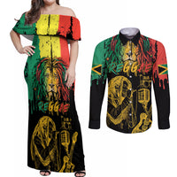 International Reggae Day Couples Matching Off Shoulder Maxi Dress and Long Sleeve Button Shirt Rastafarian Lion and B-Marley Passion - Wonder Print Shop