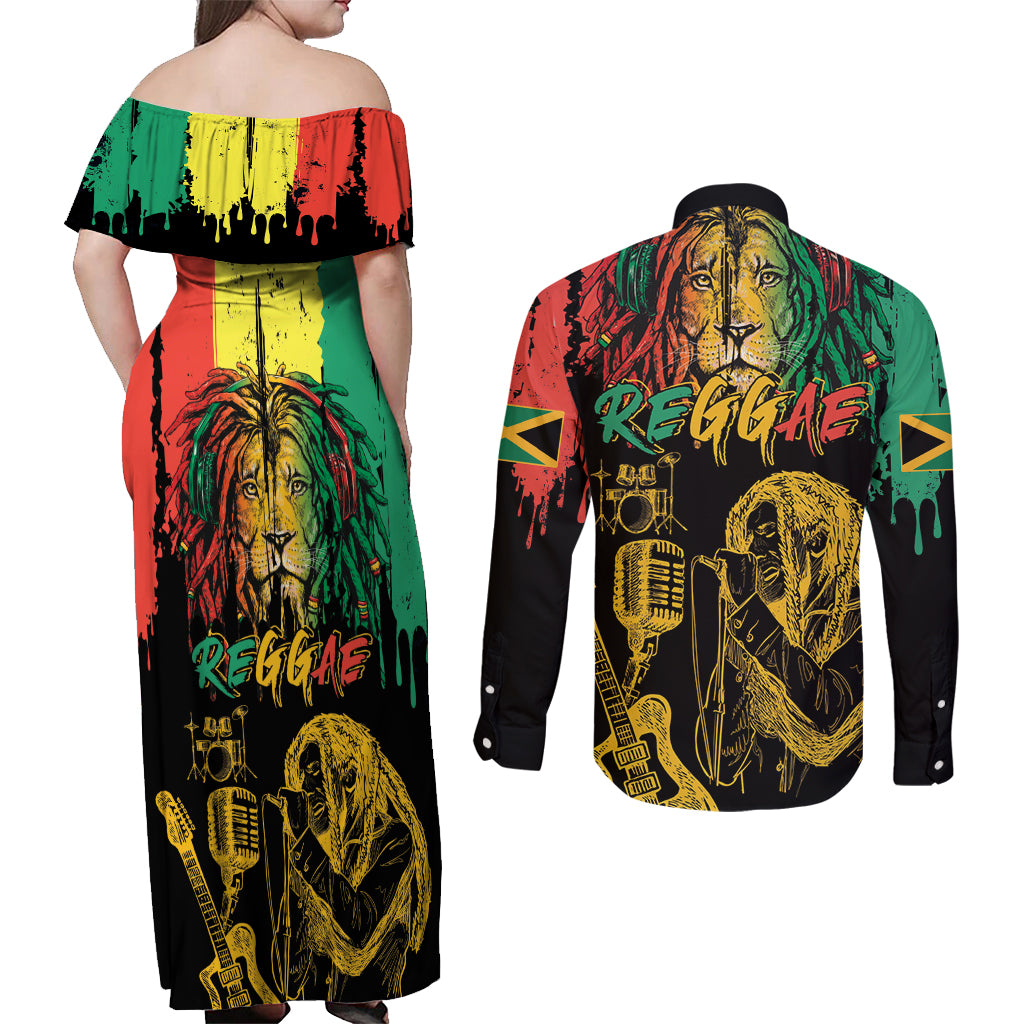 International Reggae Day Couples Matching Off Shoulder Maxi Dress and Long Sleeve Button Shirt Rastafarian Lion and B-Marley Passion - Wonder Print Shop
