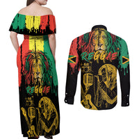 International Reggae Day Couples Matching Off Shoulder Maxi Dress and Long Sleeve Button Shirt Rastafarian Lion and B-Marley Passion - Wonder Print Shop